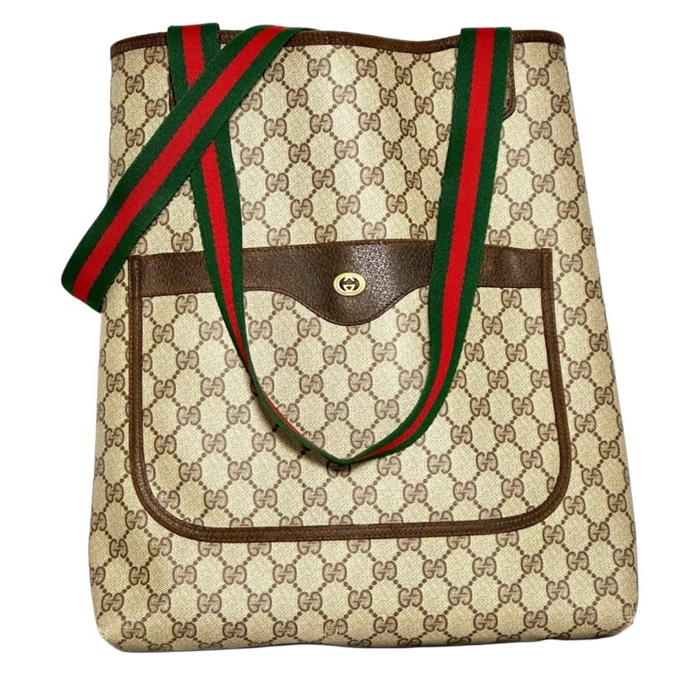 GUCCI SIGNATURE Beige Tote With Red And Green Straps Gorgeous - Picture 2 of 16